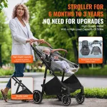 VEVOR Standard Baby Stroller, Infant Toddler Stroller with Bassinet, 3rd-Gear Adjustable Backrest & Foldable & Reversible Seat, Carbon Steel Newborn Stroller with Leg Cover and Mesh Net, Dark Grey
