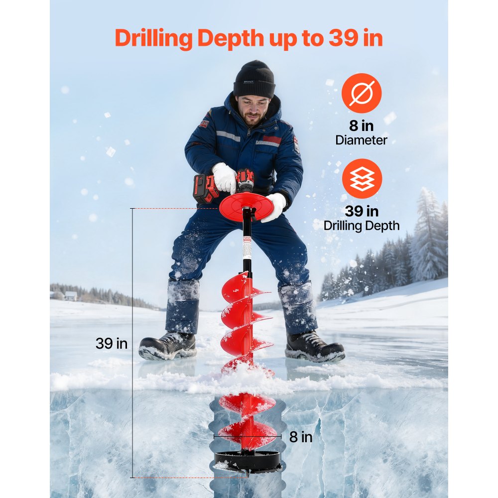 VEVOR Ice Auger Drill Bit, 8in Diameter 39in Length, Cordless Nylon Ice Fishing Augers With Extra 13.4in Extension Rod, Drill Adapter, Top Plate and Blade Guard