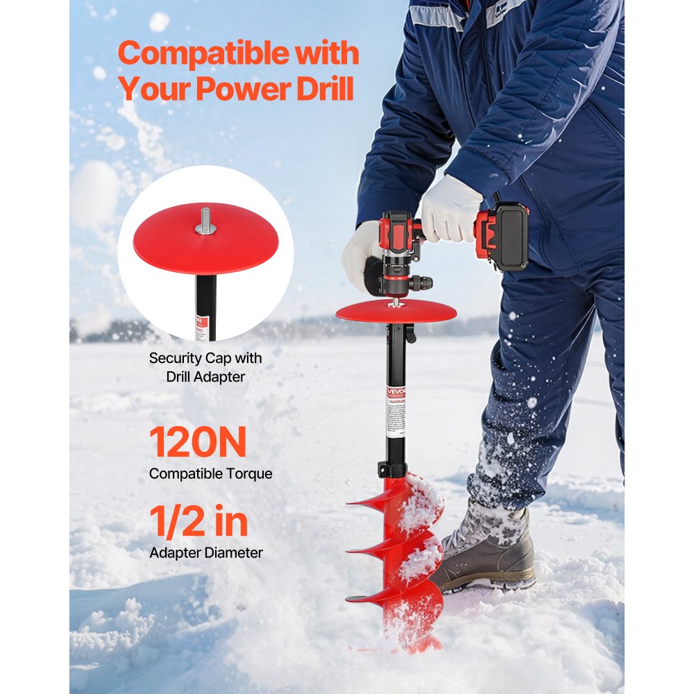 VEVOR Ice Auger Drill Bit, 8in Diameter 39in Length, Cordless Nylon Ice Fishing Augers With Extra 13.4in Extension Rod, Drill Adapter, Top Plate and Blade Guard