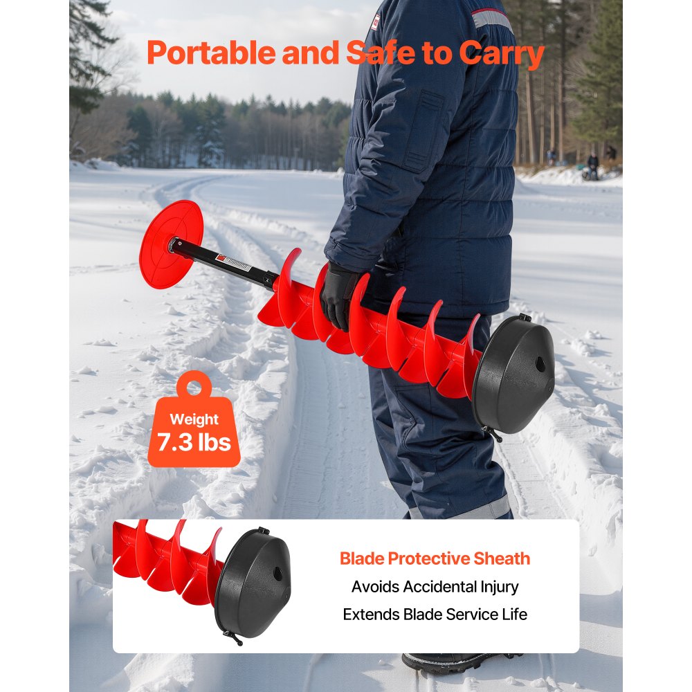 VEVOR Ice Auger Drill Bit, 8in Diameter 39in Length, Cordless Nylon Ice Fishing Augers With Extra 13.4in Extension Rod, Drill Adapter, Top Plate and Blade Guard