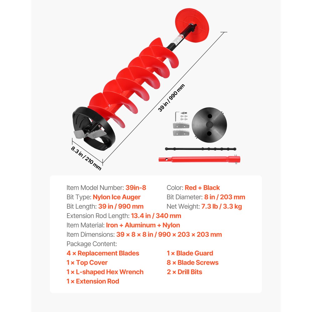 VEVOR Ice Auger Drill Bit, 8in Diameter 39in Length, Cordless Nylon Ice Fishing Augers With Extra 13.4in Extension Rod, Drill Adapter, Top Plate and Blade Guard