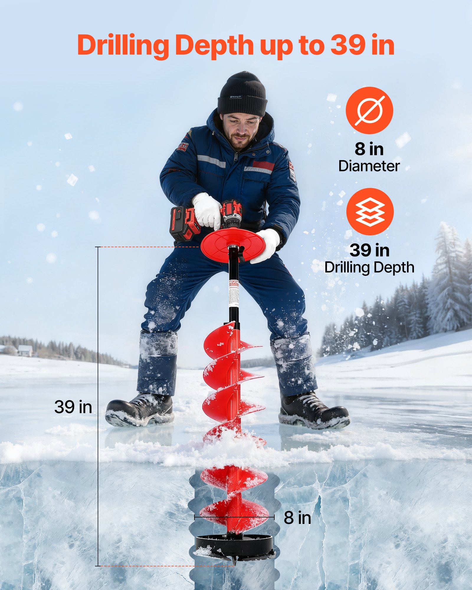 VEVOR Ice Auger Drill Bit, 8in Diameter 39in Length, Cordless Nylon Ice Fishing Augers With Extra 13.4in Extension Rod, Drill Adapter, Top Plate and Blade Guard