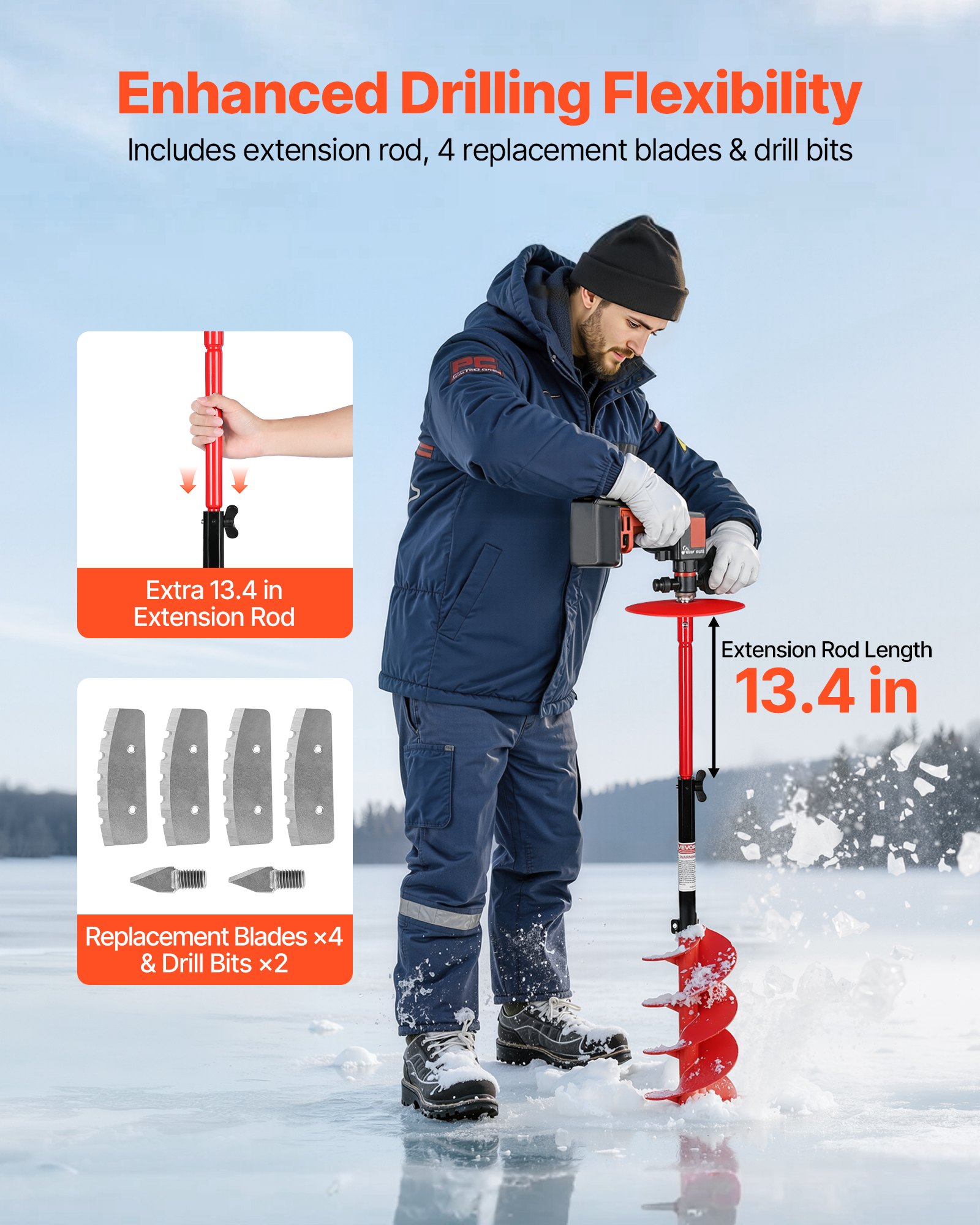 VEVOR Ice Auger Drill Bit, 8in Diameter 39in Length, Cordless Nylon Ice Fishing Augers With Extra 13.4in Extension Rod, Drill Adapter, Top Plate and Blade Guard