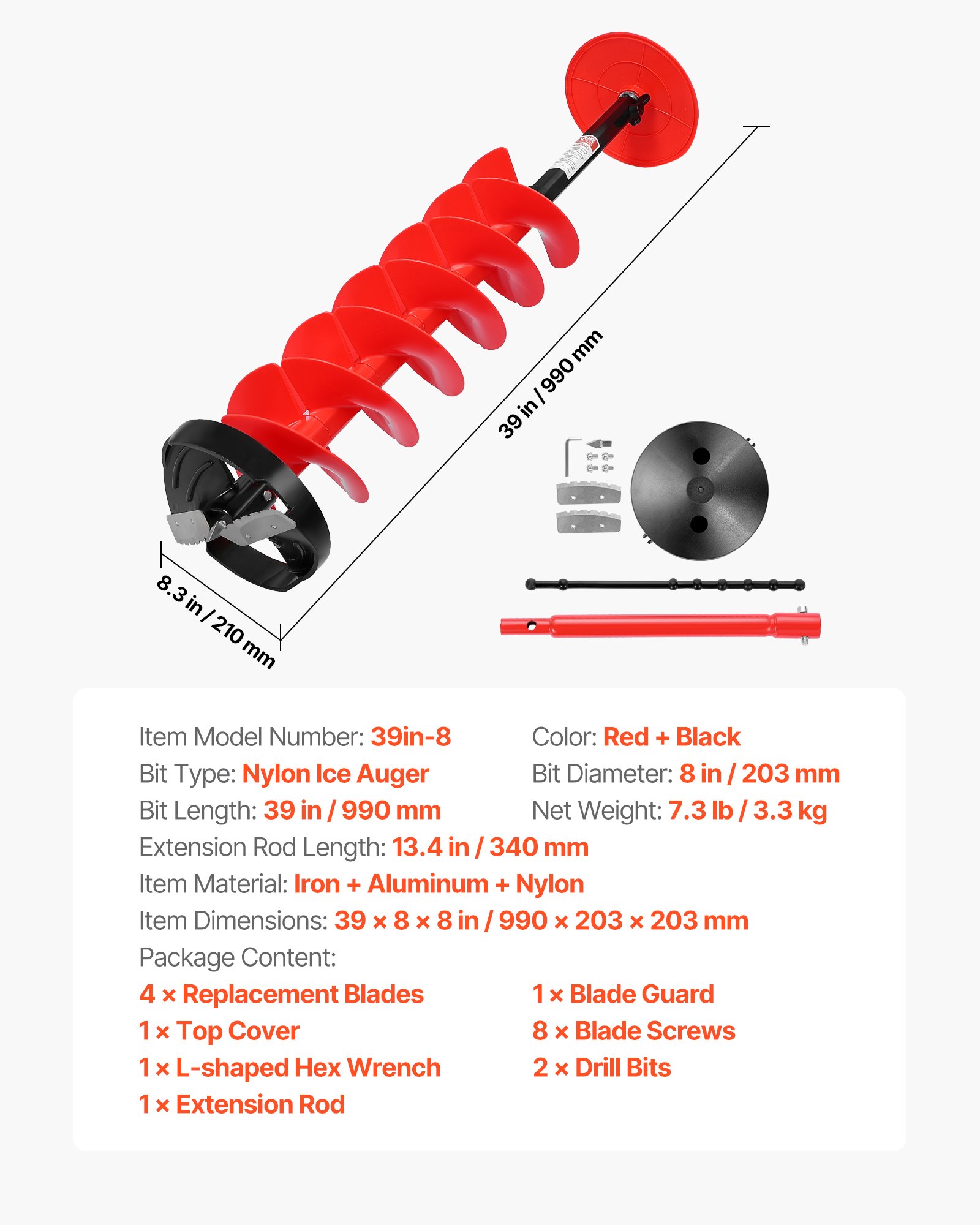 VEVOR Ice Auger Drill Bit, 8in Diameter 39in Length, Cordless Nylon Ice Fishing Augers With Extra 13.4in Extension Rod, Drill Adapter, Top Plate and Blade Guard