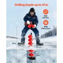 VEVOR Ice Auger Drill Bit, 8in Diameter 41in Length, Cordless Nylon Ice Fishing Augers With Extra 13.4in Extension Rod, Drill Adapter, Top Plate and Blade Guard