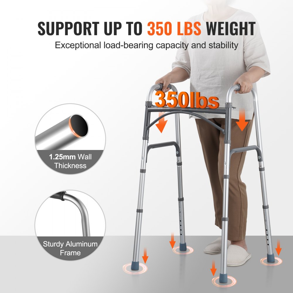 Andador plegable VEVOR de 2 botones con altura ajustable de 8 niveles y asas resistentes. Andador de aluminio ligero para personas mayores y discapacitadas, hasta 169 kg.