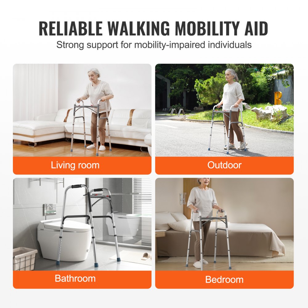 Andador plegable VEVOR de 2 botones con altura ajustable de 8 niveles y asas resistentes. Andador de aluminio ligero para personas mayores y discapacitadas, hasta 169 kg.