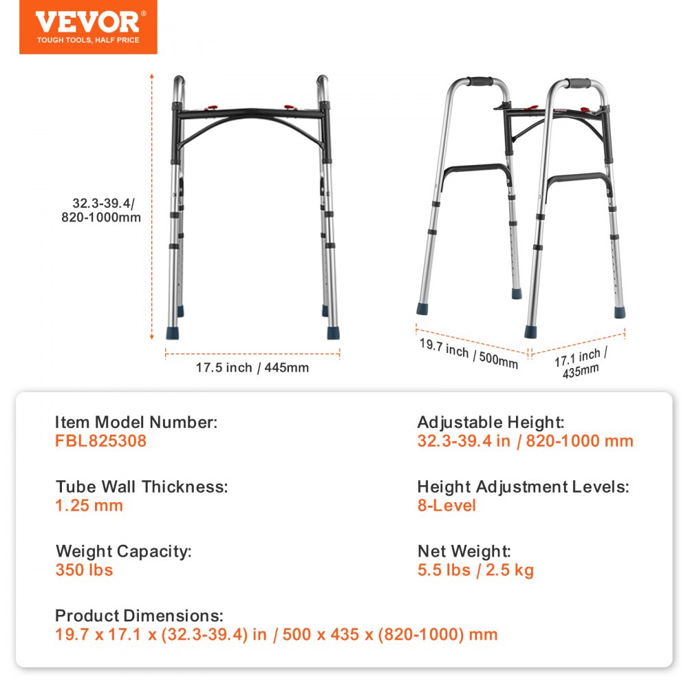 Andador plegable VEVOR de 2 botones con altura ajustable de 8 niveles y asas resistentes. Andador de aluminio ligero para personas mayores y discapacitadas, hasta 169 kg.
