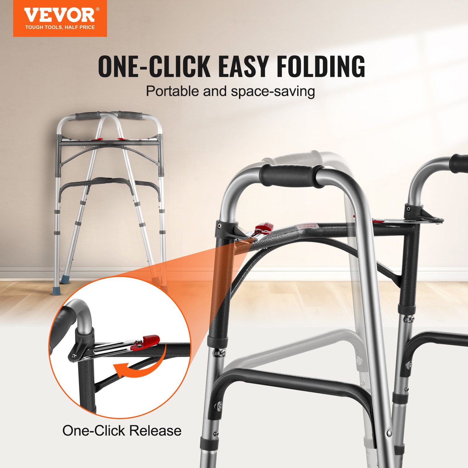 Andador plegable VEVOR de 2 botones con altura ajustable de 8 niveles y asas resistentes. Andador de aluminio ligero para personas mayores y discapacitadas, hasta 169 kg.