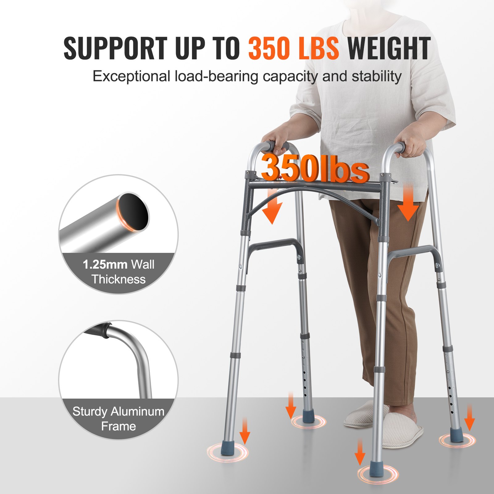 Andador plegable VEVOR de 2 botones con altura ajustable de 8 niveles y asas resistentes. Andador de aluminio ligero para personas mayores y discapacitadas, hasta 169 kg.