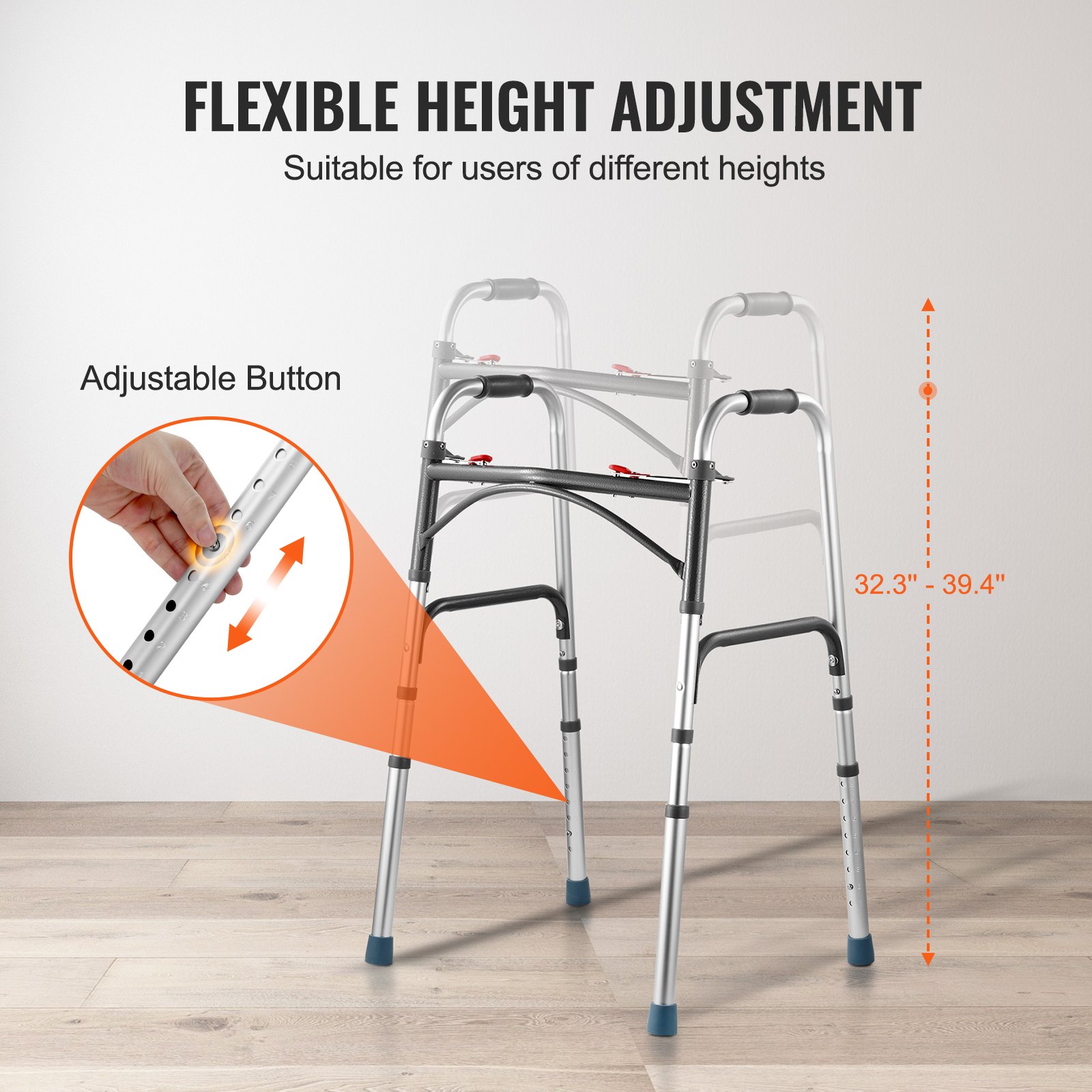 Andador plegable VEVOR de 2 botones con altura ajustable de 8 niveles y asas resistentes. Andador de aluminio ligero para personas mayores y discapacitadas, hasta 169 kg.