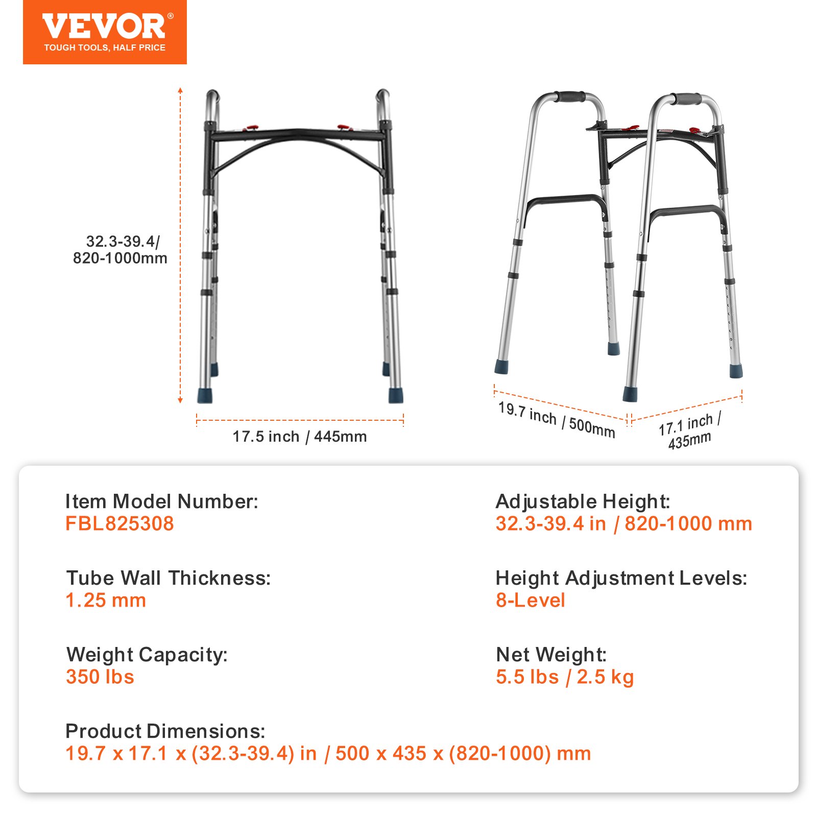 Andador plegable VEVOR de 2 botones con altura ajustable de 8 niveles y asas resistentes. Andador de aluminio ligero para personas mayores y discapacitadas, hasta 169 kg.