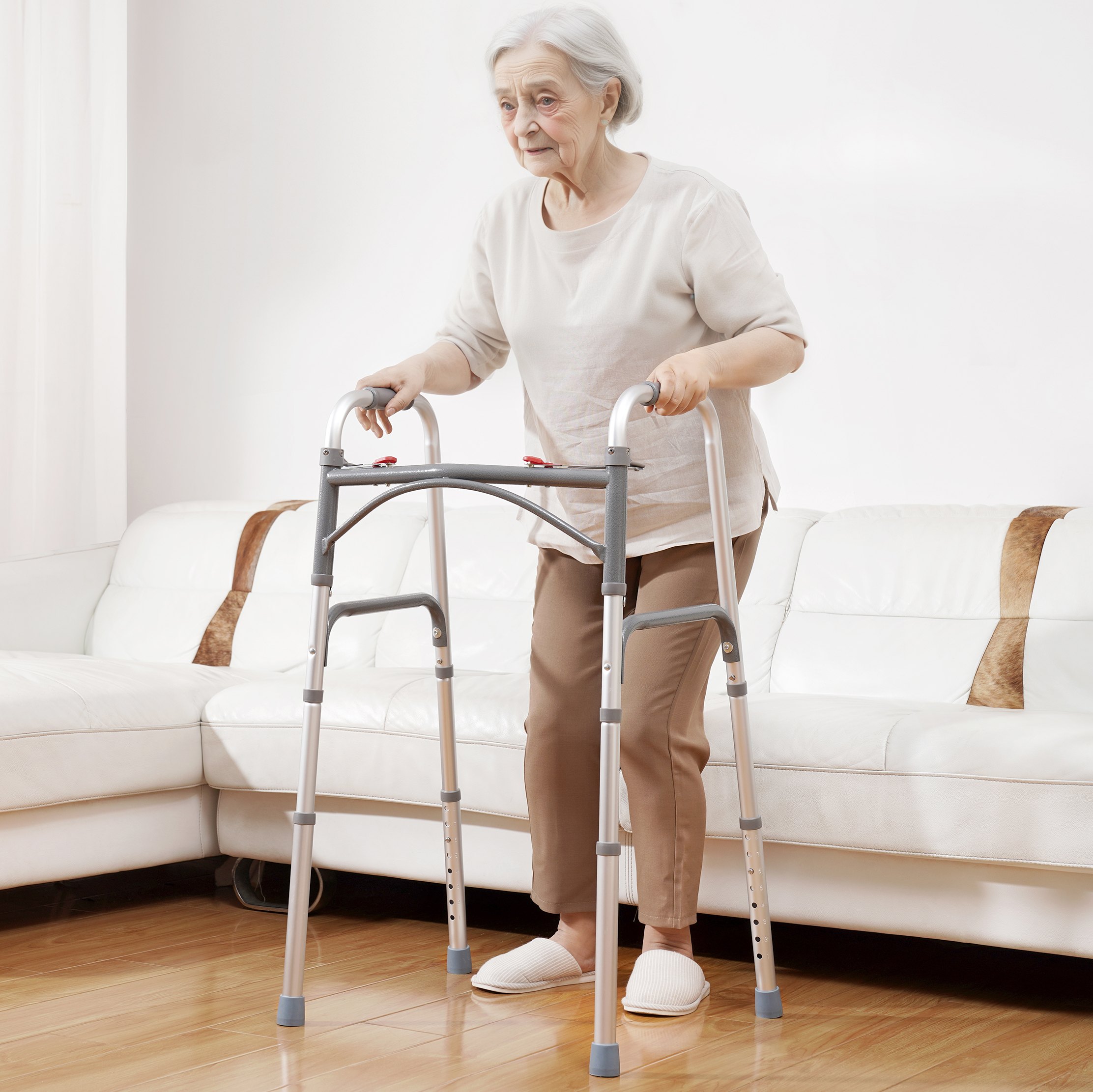 Andador plegable VEVOR de 2 botones con altura ajustable de 8 niveles y asas resistentes. Andador de aluminio ligero para personas mayores y discapacitadas, hasta 169 kg.