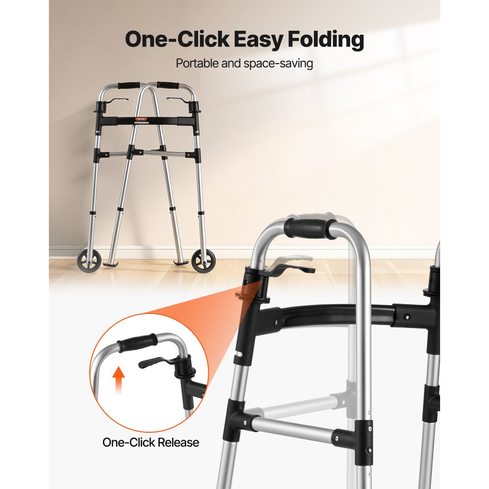 VEVOR Folding Walker, 2-Button Foldable Walker with Solid Wheels & 8-Level Adjustable Height, 159KG Loading Lightweight Aluminum Mobility Walking Aid, Front-Wheeled Rolling Walkers for Seniors Adults
