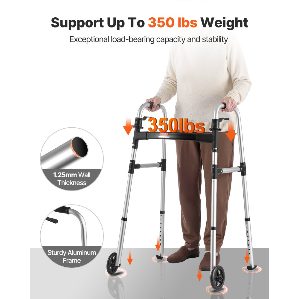 VEVOR Folding Walker, 2-Button Foldable Walker with Solid Wheels & 8-Level Adjustable Height, 159KG Loading Lightweight Aluminum Mobility Walking Aid, Front-Wheeled Rolling Walkers for Seniors Adults