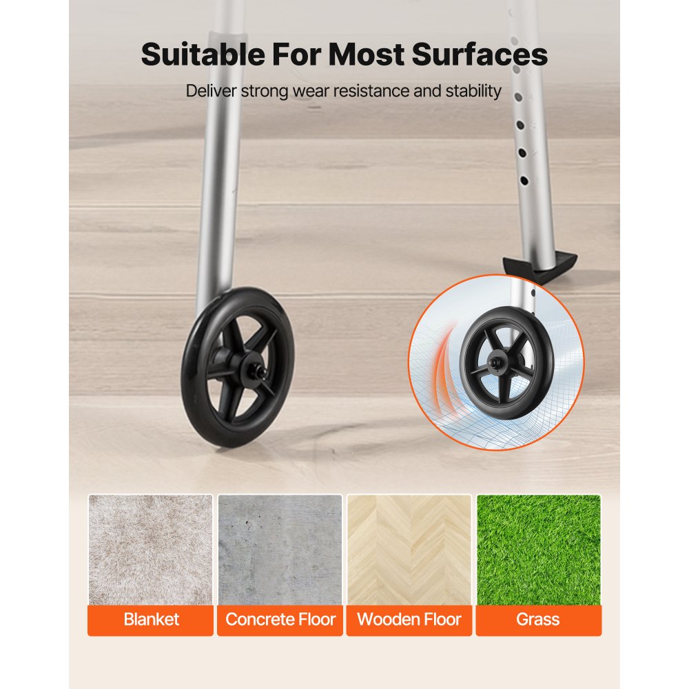 VEVOR Folding Walker, 2-Button Foldable Walker with Solid Wheels & 8-Level Adjustable Height, 159KG Loading Lightweight Aluminum Mobility Walking Aid, Front-Wheeled Rolling Walkers for Seniors Adults