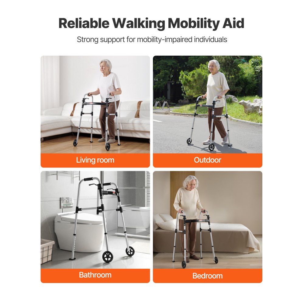 VEVOR Folding Walker, 2-Button Foldable Walker with Solid Wheels & 8-Level Adjustable Height, 159KG Loading Lightweight Aluminum Mobility Walking Aid, Front-Wheeled Rolling Walkers for Seniors Adults