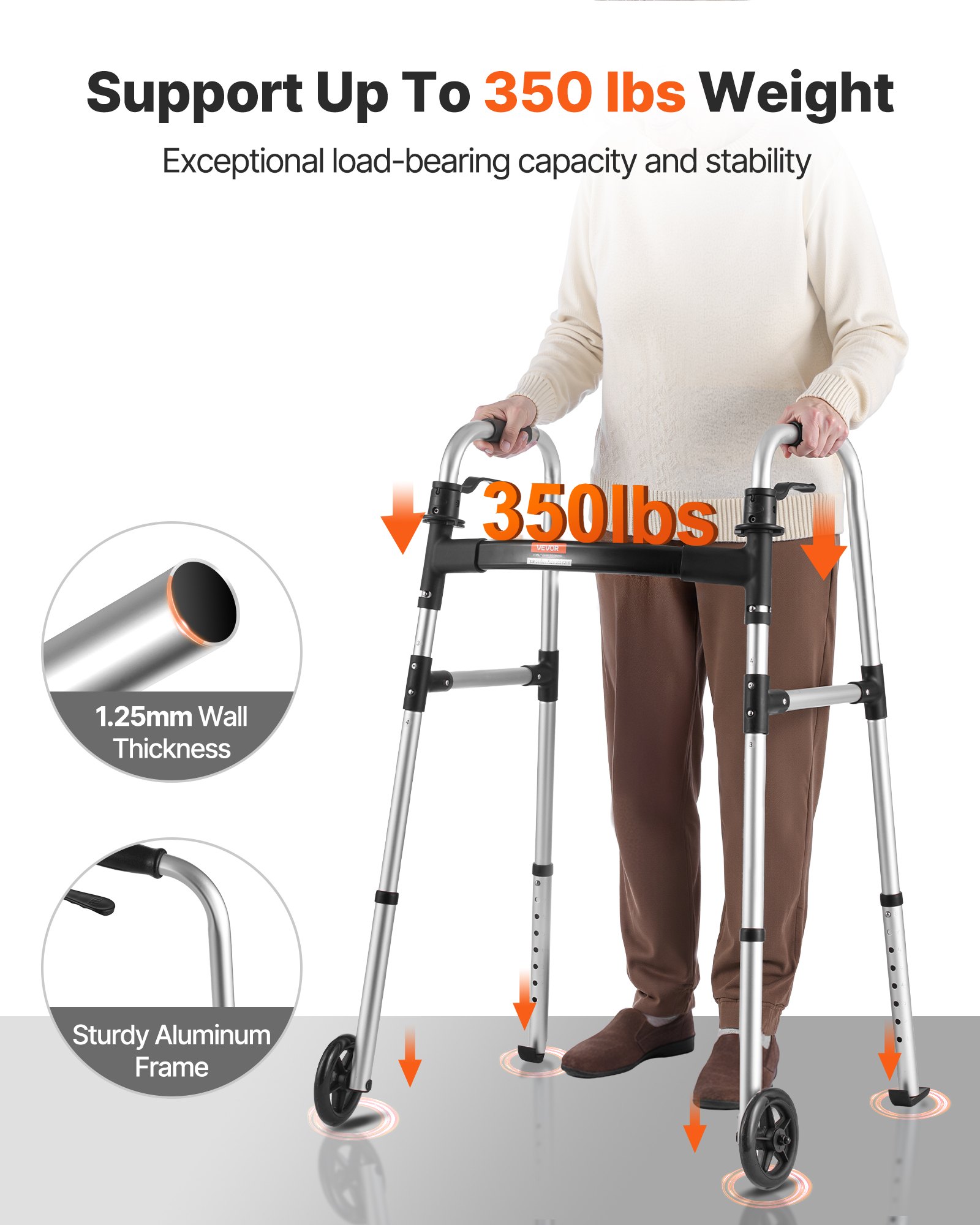 VEVOR Folding Walker, 2-Button Foldable Walker with Solid Wheels & 8-Level Adjustable Height, 159KG Loading Lightweight Aluminum Mobility Walking Aid, Front-Wheeled Rolling Walkers for Seniors Adults
