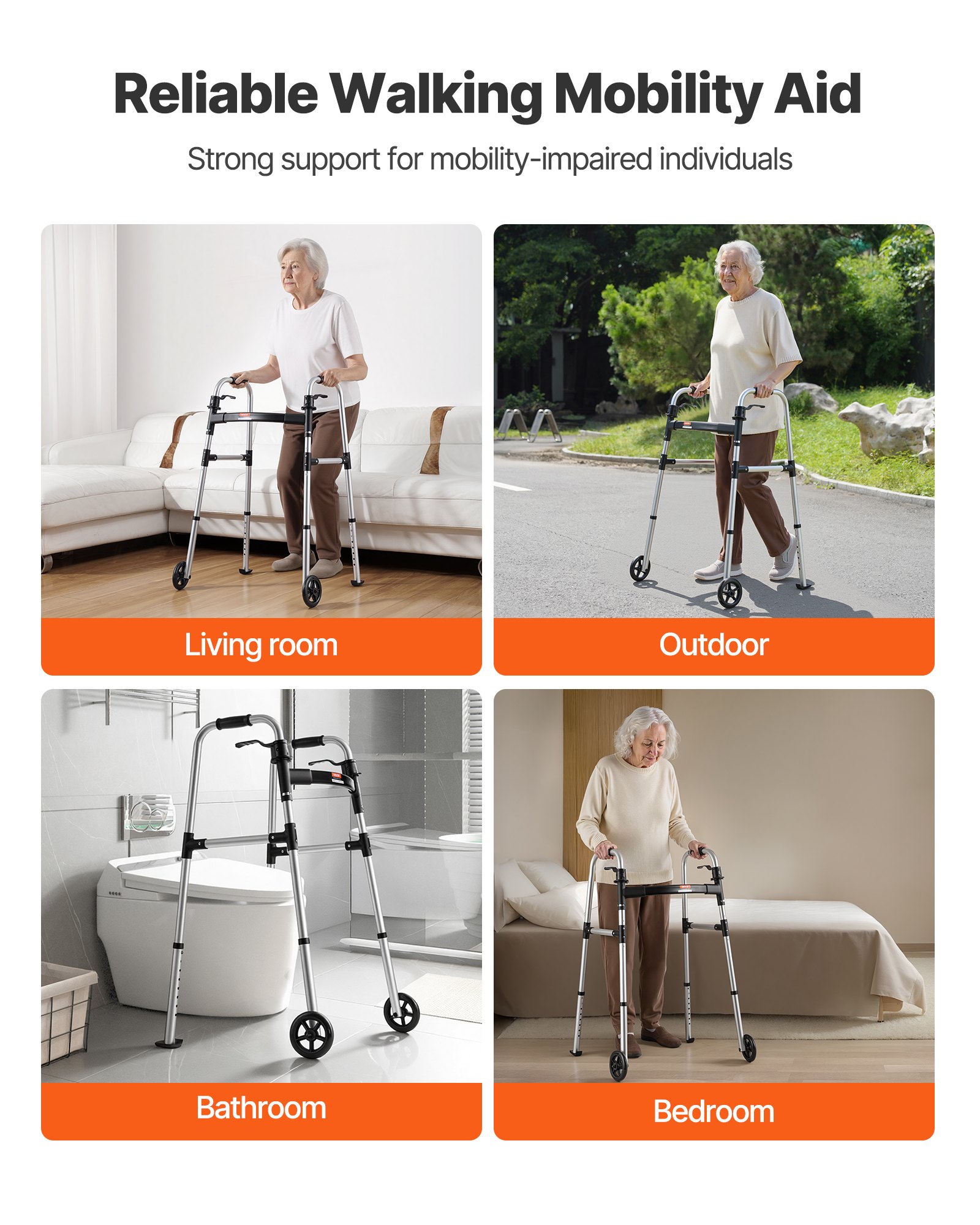 VEVOR Folding Walker, 2-Button Foldable Walker with Solid Wheels & 8-Level Adjustable Height, 159KG Loading Lightweight Aluminum Mobility Walking Aid, Front-Wheeled Rolling Walkers for Seniors Adults
