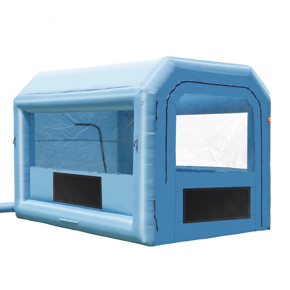 blue VEVOR inflatable paint booth with clear windows and dark ventilation panels.