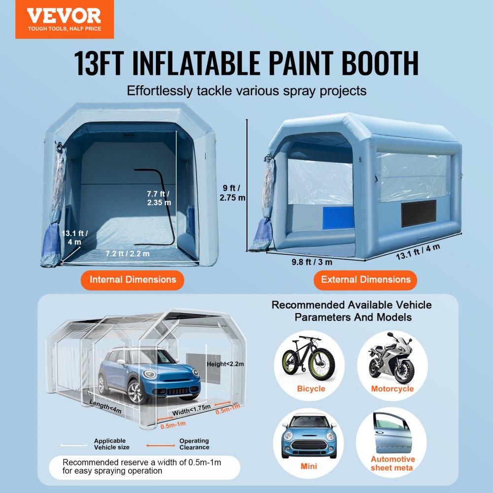 VEVOR Inflatable Paint Booth, 4 x 3 x 2.75 m Inflatable Spray Booth, with 750W Powerful Blower and Air Filter System, Portable Car Paint Booth for Motorcycle, Bicycle, Auto Part Painting