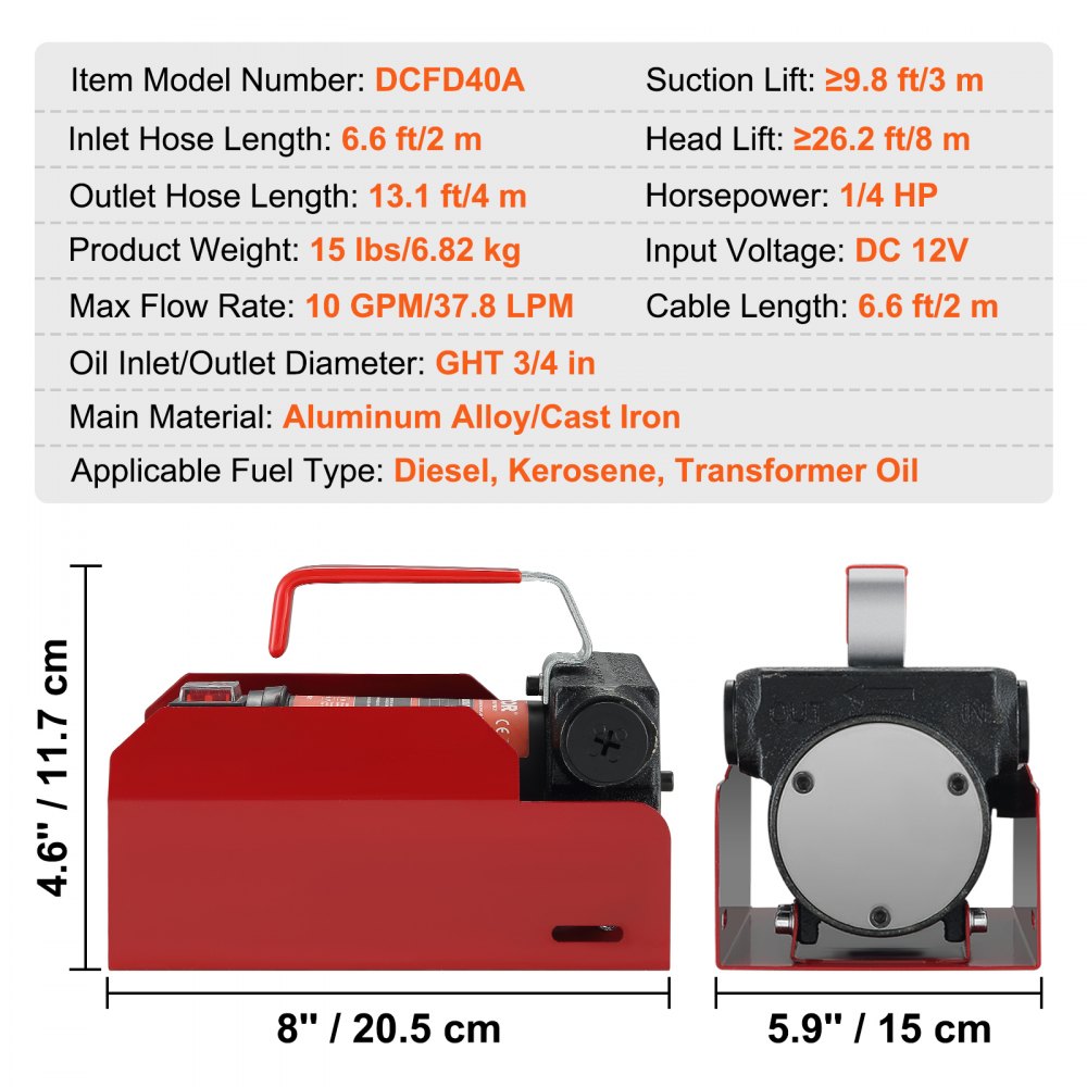 VEVOR Fuel Transfer Pump, 12V DC 10 GPM 26.2 ft Lift, Portable Electric Diesel Transfer Extractor Pump Kit with Automatic Shut-off Nozzle, Delivery & Suction Hose for Diesel, Kerosene, Transformer Oil