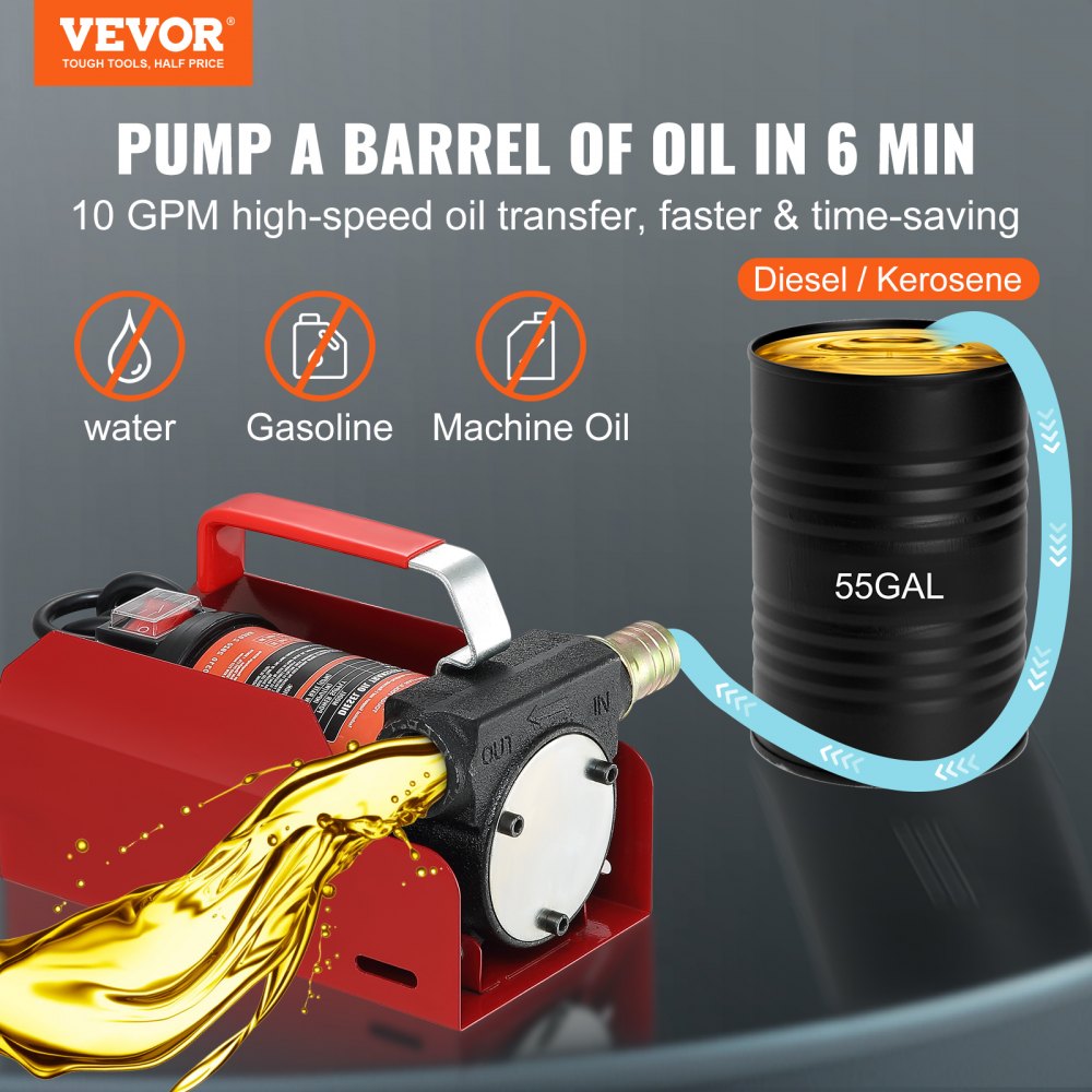 VEVOR Fuel Transfer Pump, 12V DC, 10 GPM, 8 m Lift, Portable Electric Diesel Transfer Extractor Pump Kit with Automatic Shut-off Nozzle, Delivery & Suction Hose for Diesel, Kerosene, Transformer Oil
