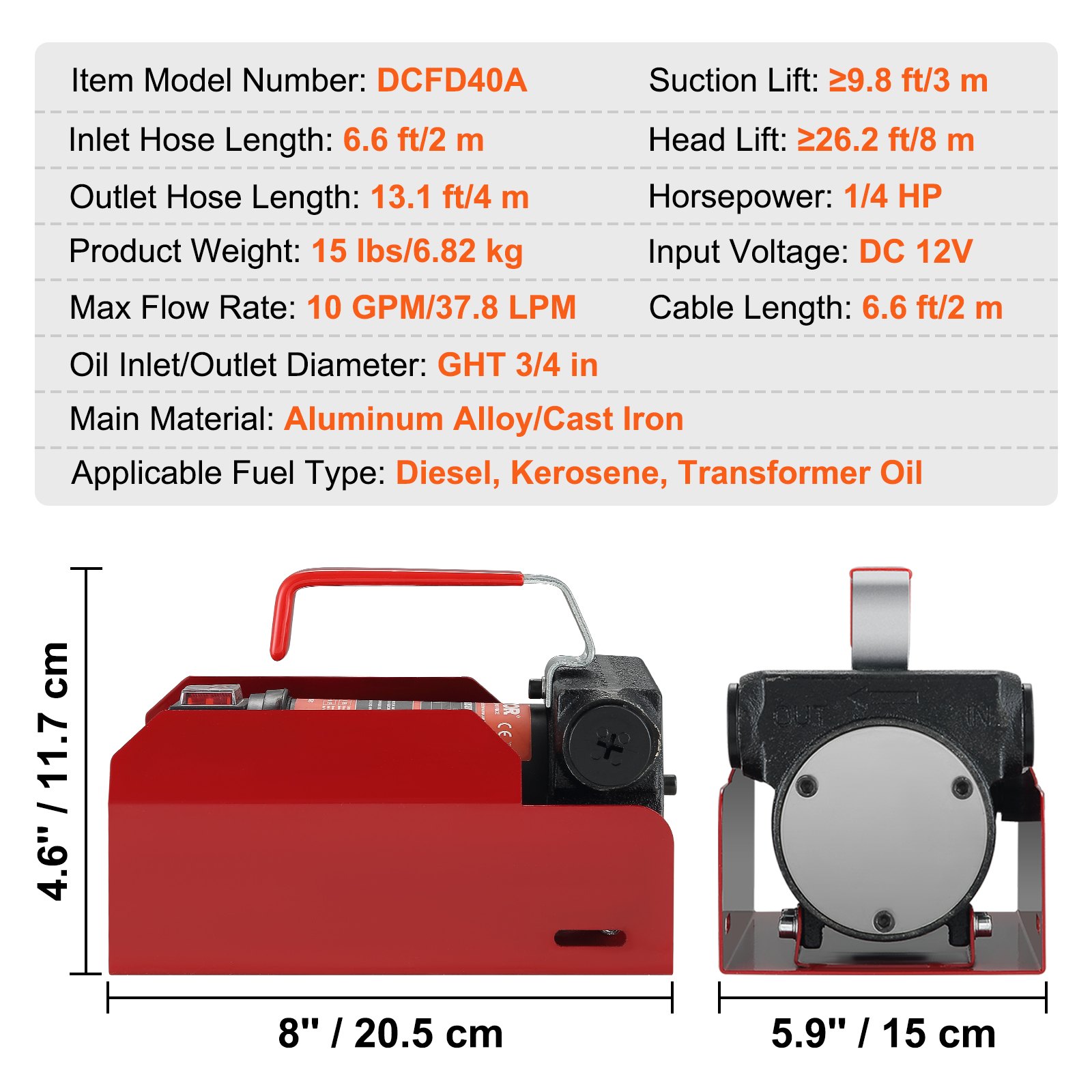 VEVOR Fuel Transfer Pump, 12V DC 10 GPM 26.2 ft Lift, Portable Electric Diesel Transfer Extractor Pump Kit with Automatic Shut-off Nozzle, Delivery & Suction Hose for Diesel, Kerosene, Transformer Oil