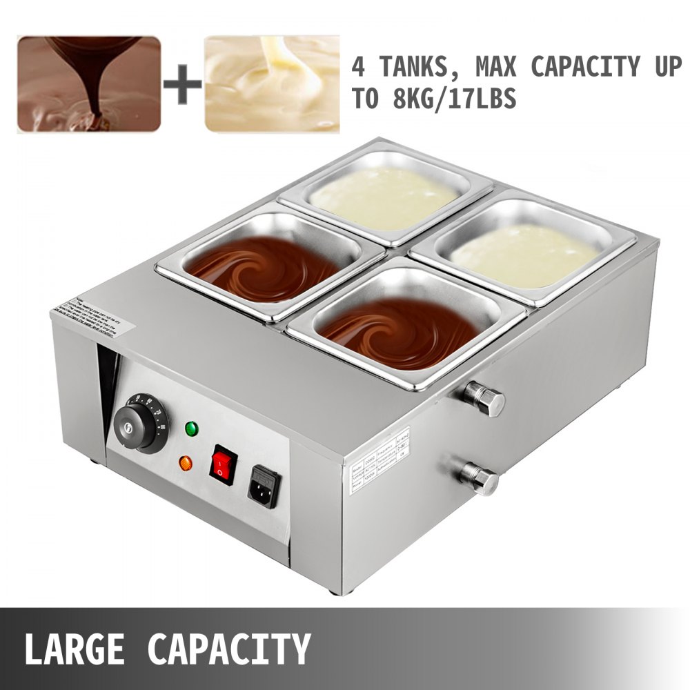 VEVOR 17.6 Lbs Chocolate Tempering Machine, Chocolate Melting Machine with Temperature Control (0~80℃/32~176℉)，1000W Electric Commercial Food Warmer For Chocolate/Milk/Cream/Soup Melting and Heating,4 Tanks