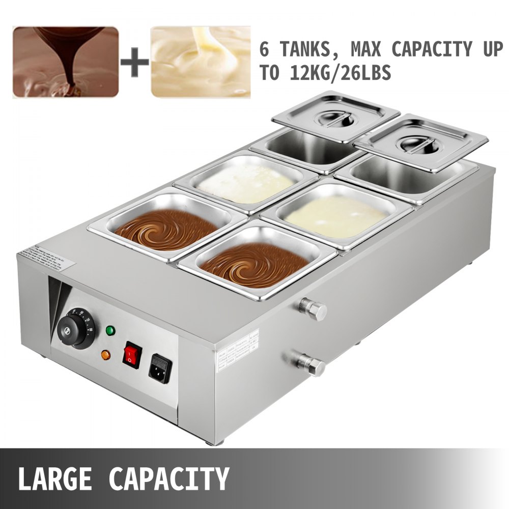 VEVOR - Máquina eléctrica para derretir chocolate, 6 tanques, 26,45 libras de capacidad, calentador de chocolate eléctrico comercial para el hogar, derretidor de chocolate eléctrico para panaderías, cafeterías y fuentes de chocolate (6 tanques)