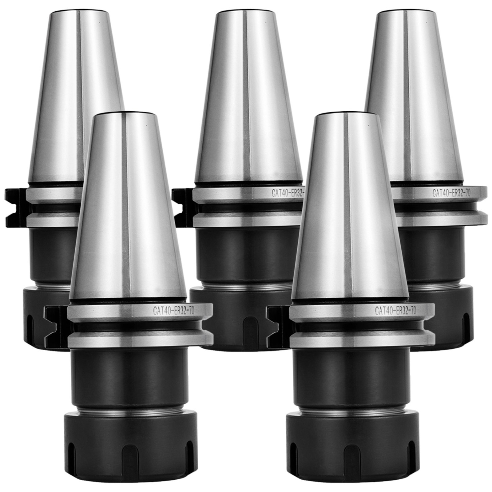 VEVOR cat40 er32 collet chuck set with five silver and black chucks standing.