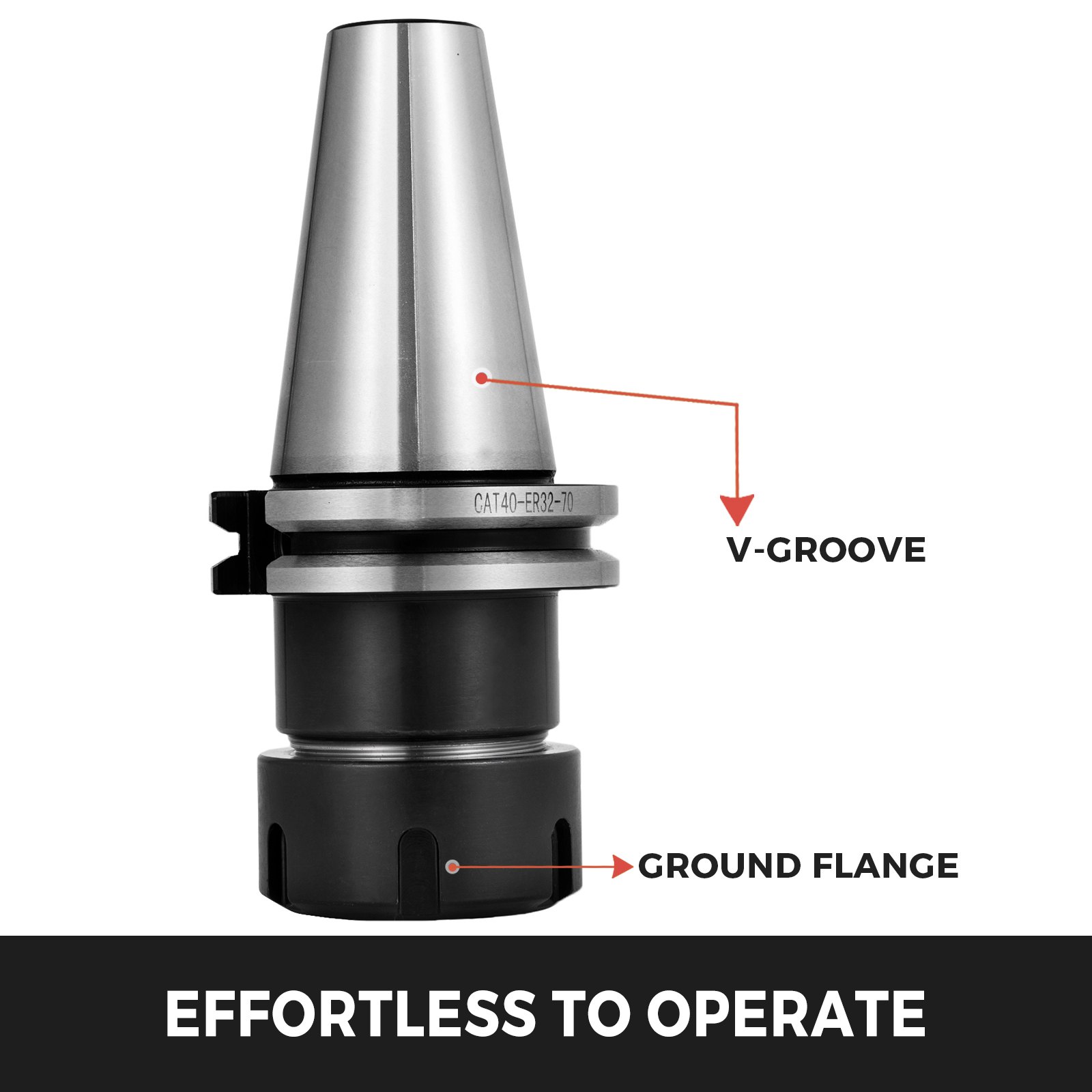 VEVOR cat40 er32 collet chuck set with labeled v-groove and ground flange.