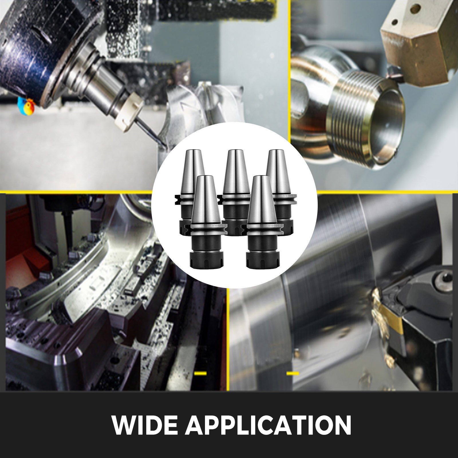 VEVOR cat40 er32 collet chuck set with various machining applications.