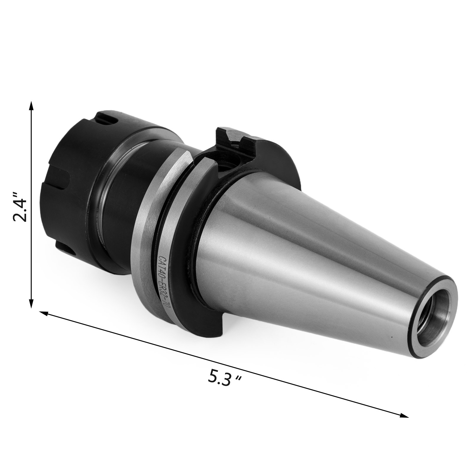 VEVOR cat40 er32 collet chuck set, dimensions 2.4&quot;x5.3&quot; in black and silver.