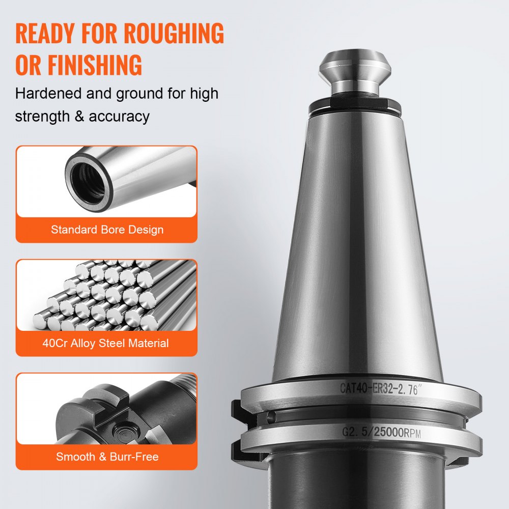 VEVOR cat40 collet holder, 40cr alloy steel, standard bore design, smooth and burr-free, high strength.
