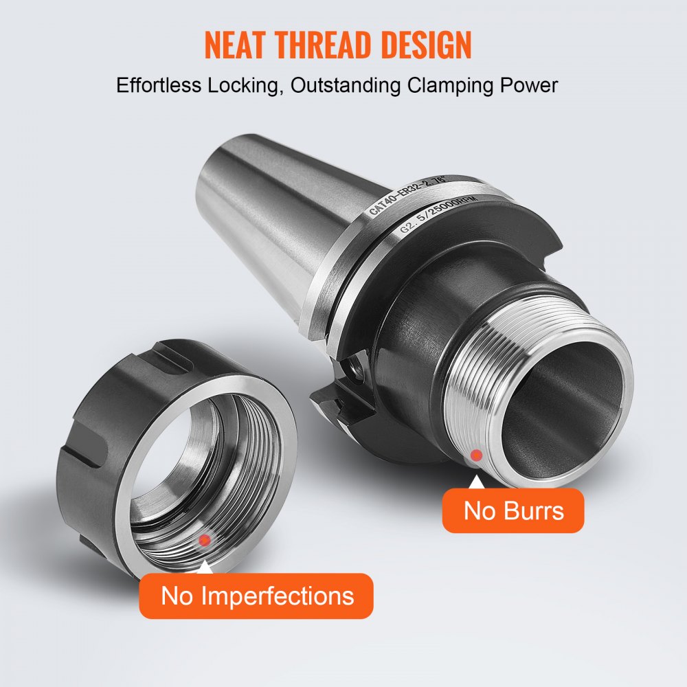 VEVOR cat40 collet holder with neat thread design, showing no imperfections or burrs.