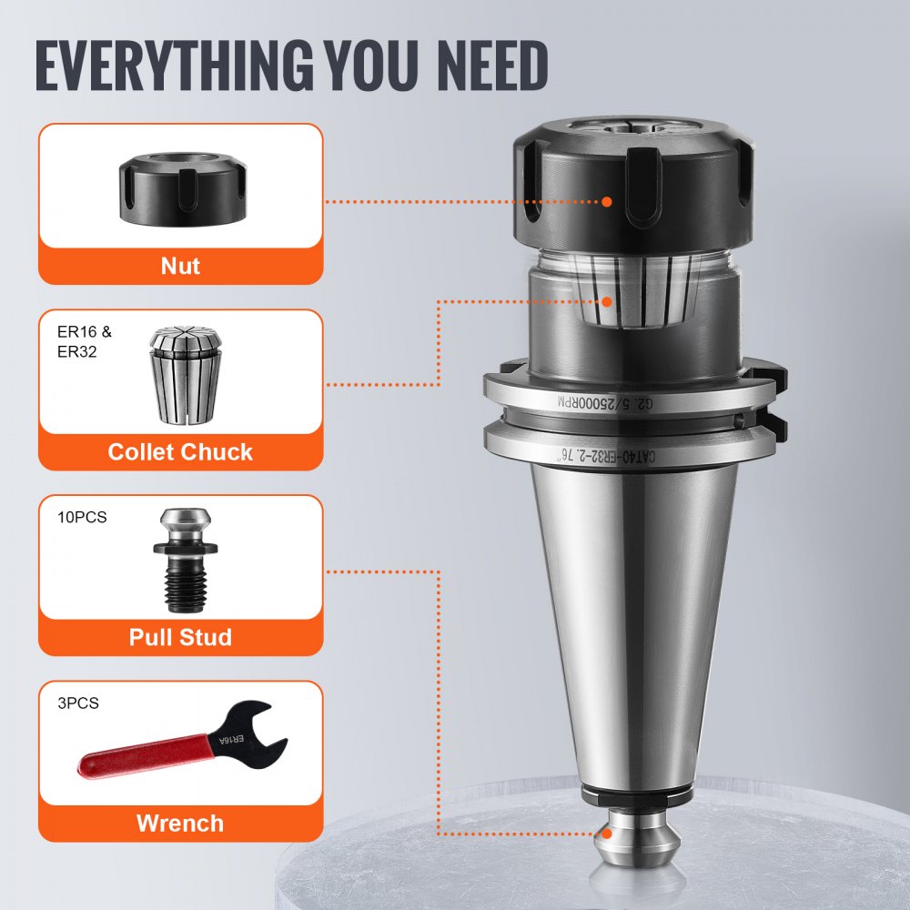 VEVOR cat40 collet holder with nut, collet chuck, pull stud, and wrench accessories.