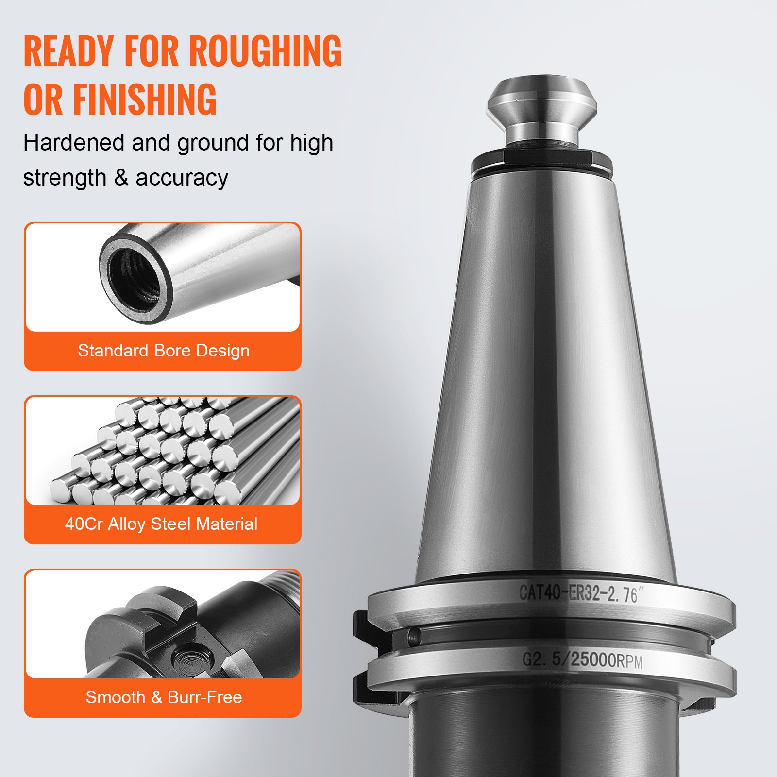 VEVOR cat40 collet holder, 40cr alloy steel, standard bore design, smooth and burr-free, high strength.