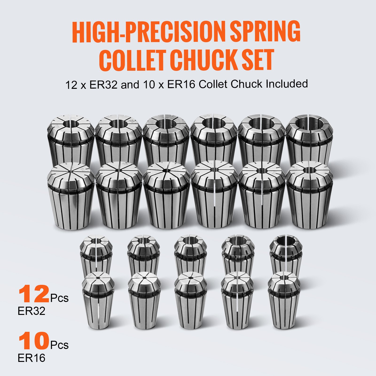 VEVOR cat40 collet holder set includes 12 er32 and 10 er16 high-precision spring collets.