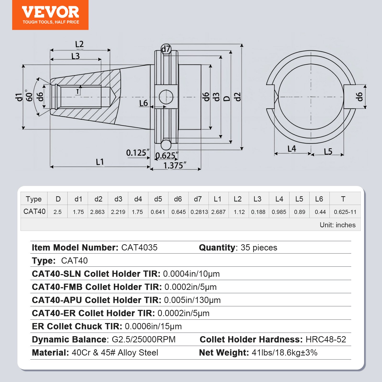 VEVOR cat40 collet holder specifications, detailed dimensions, and product features for model cat4035.
