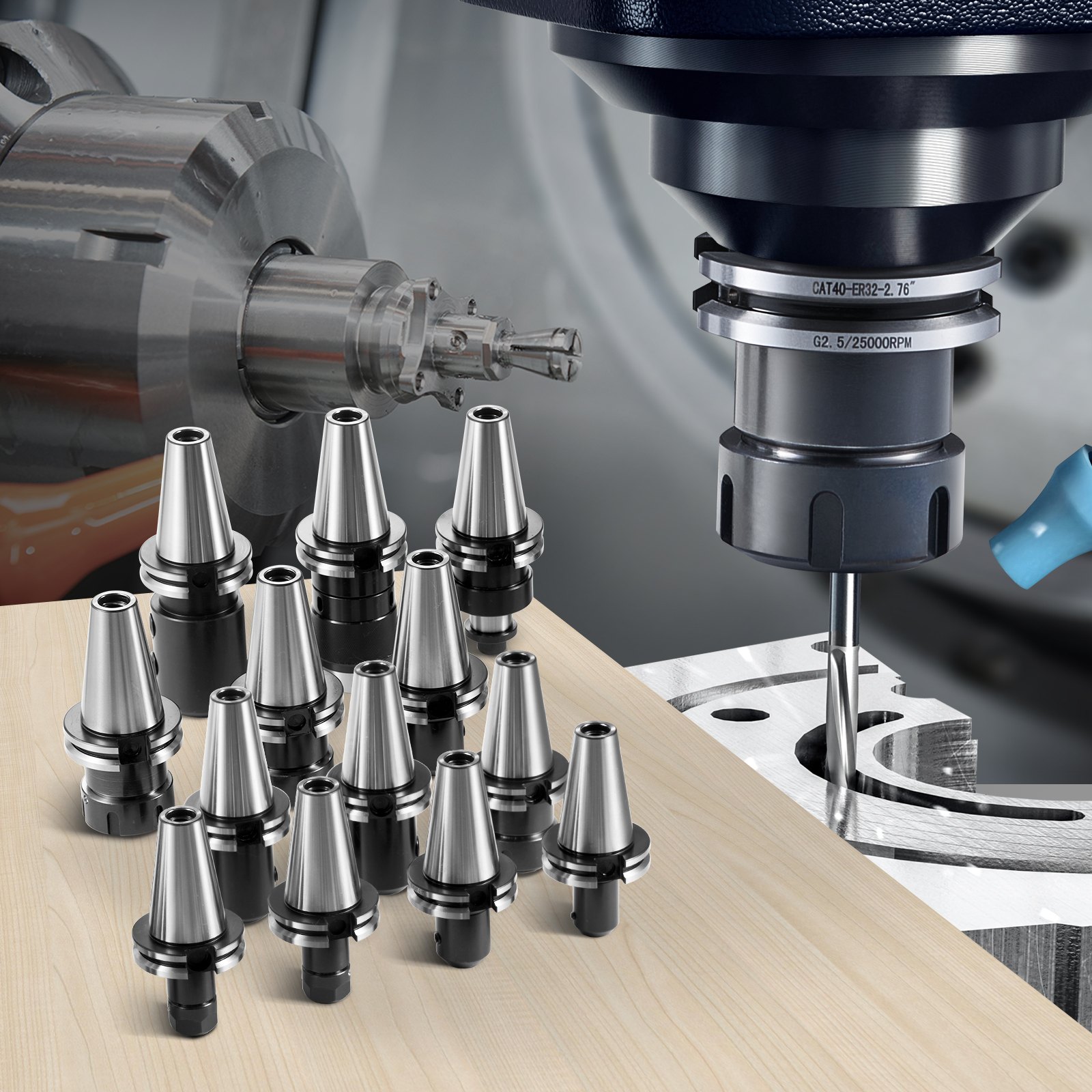 VEVOR cat40 collet holders on a wooden table with cnc milling machine in the background.