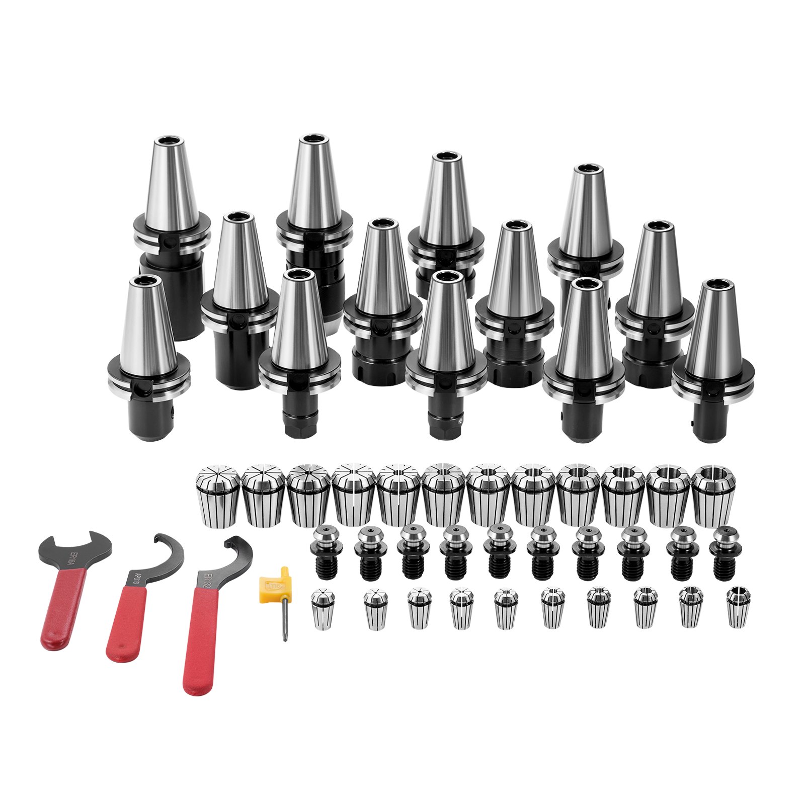 VEVOR cat40 collet holder set with wrenches, collets, and accessories arranged in rows.