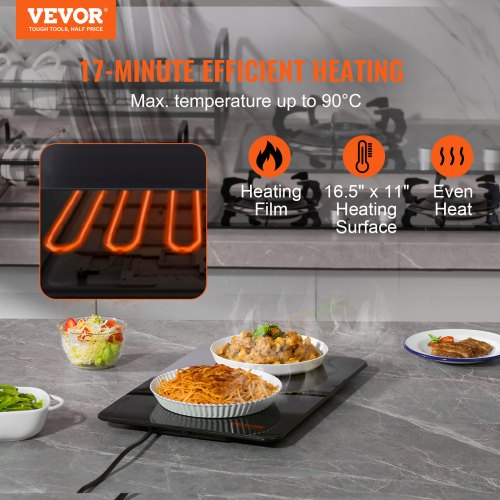 VEVOR Electric Warming Tray, 16.5" x 11" Portable Tempered Glass Heating Tray with Temperature Control (65-90℃), Perfect for Dinner, Catering, House, Parties, Events, Entertaining and Holiday, Black