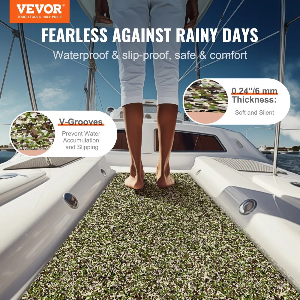 VEVOR boat flooring on deck, showing waterproof, slip-proof features with v-grooves and 0.24&quot; thickness.