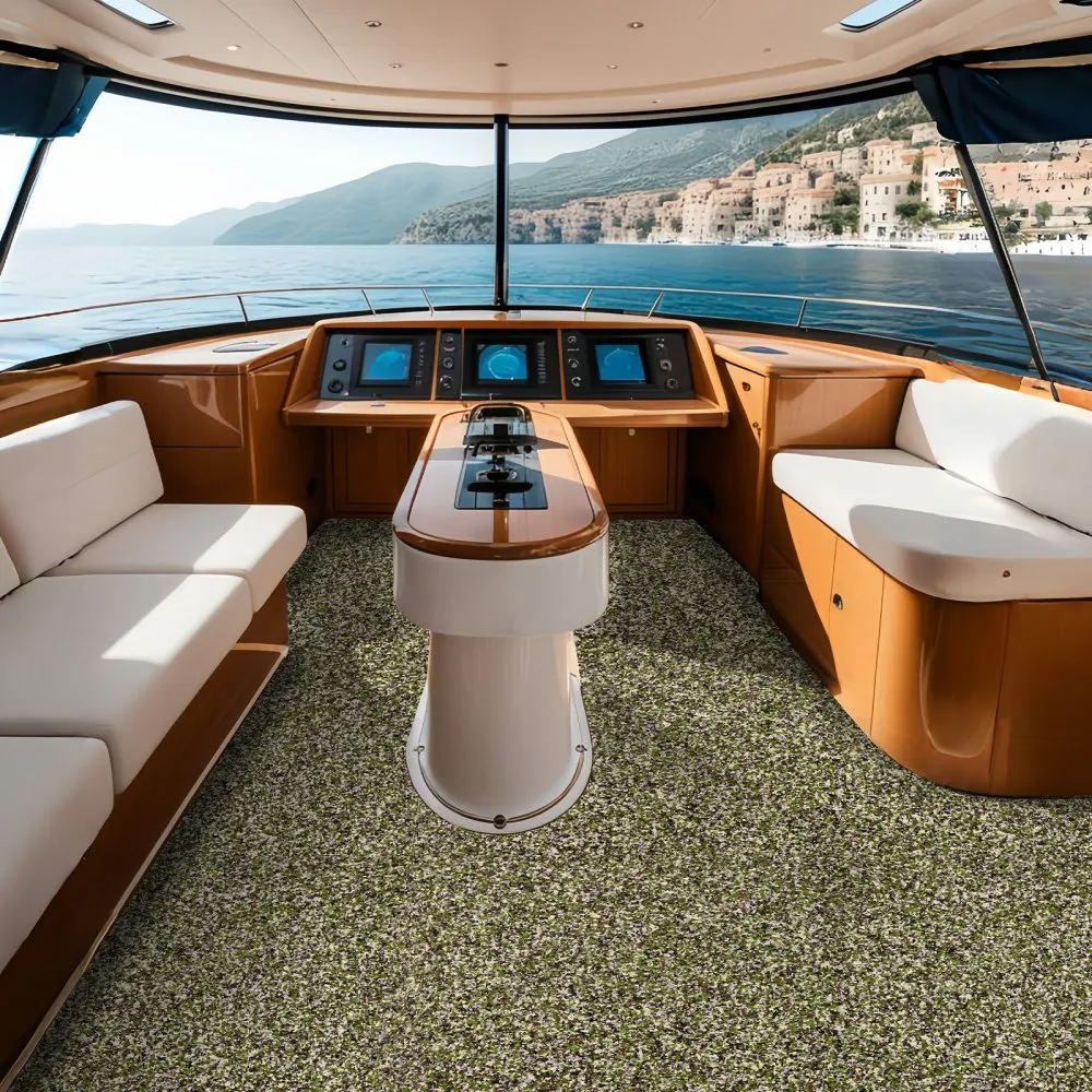 luxurious boat interior with VEVOR boat flooring, high-tech controls, comfortable seating, and scenic coastal view.