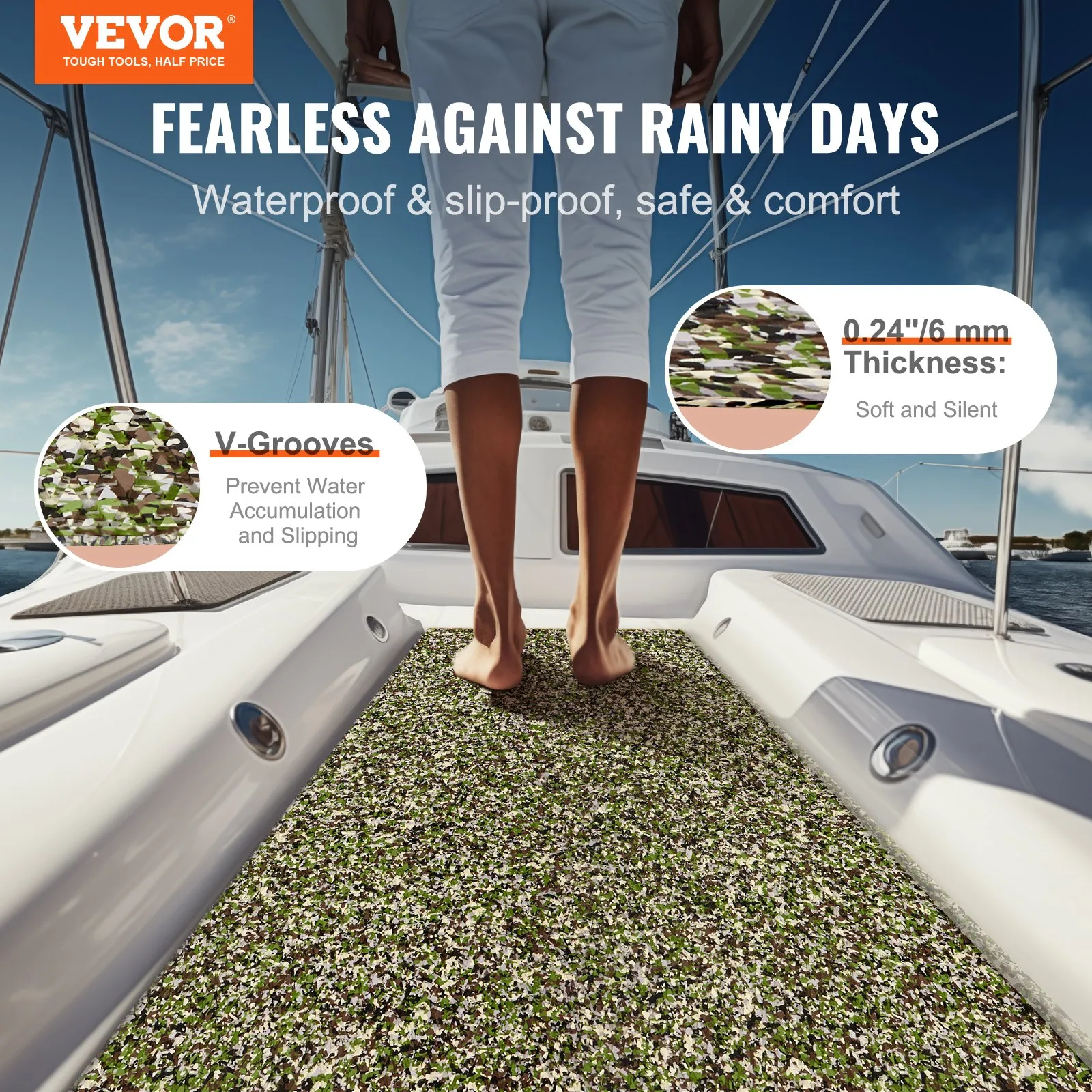 VEVOR boat flooring on deck, showing waterproof, slip-proof features with v-grooves and 0.24&quot; thickness.