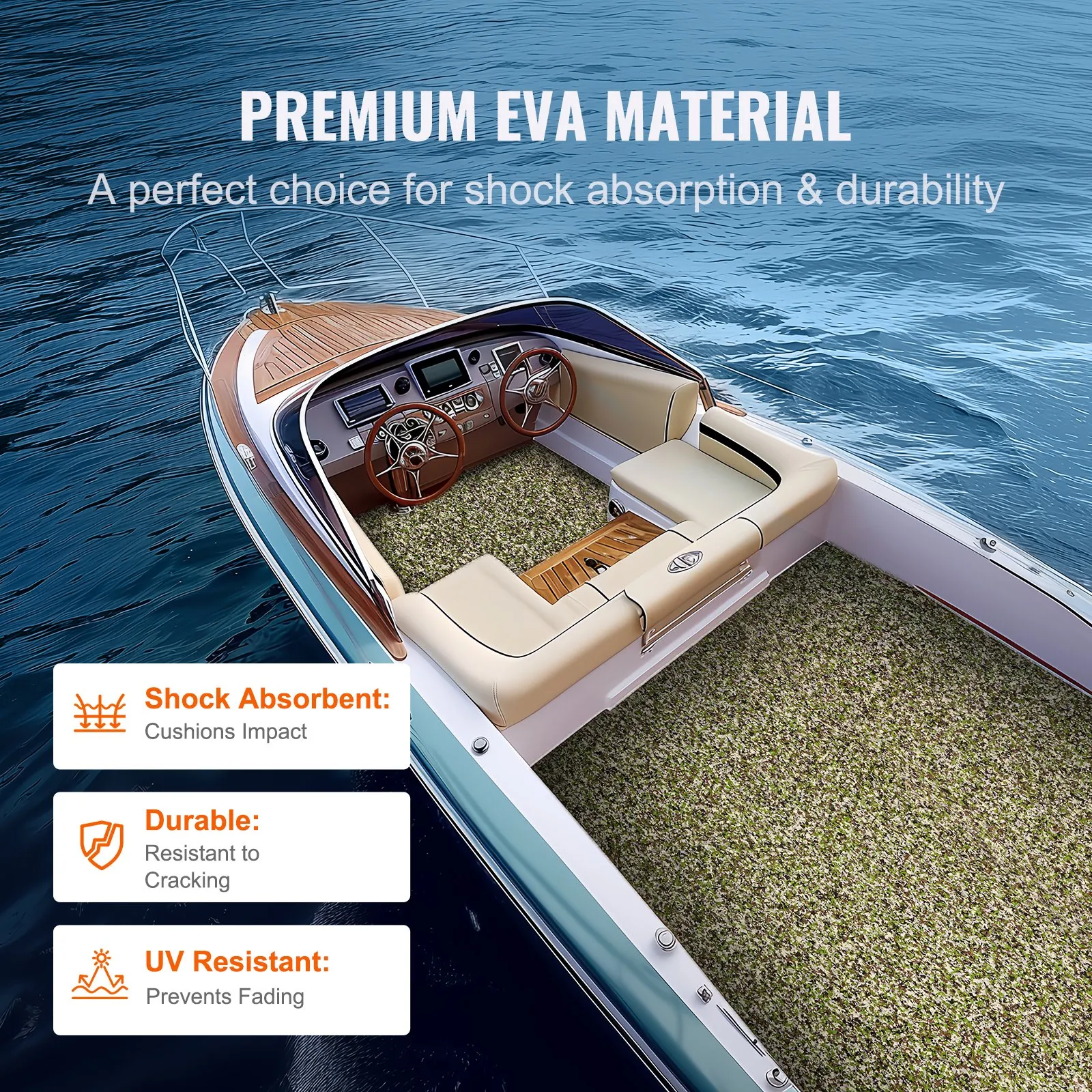 VEVOR boat flooring in a luxury boat featuring premium eva material for durability, shock absorption, and uv resistance.