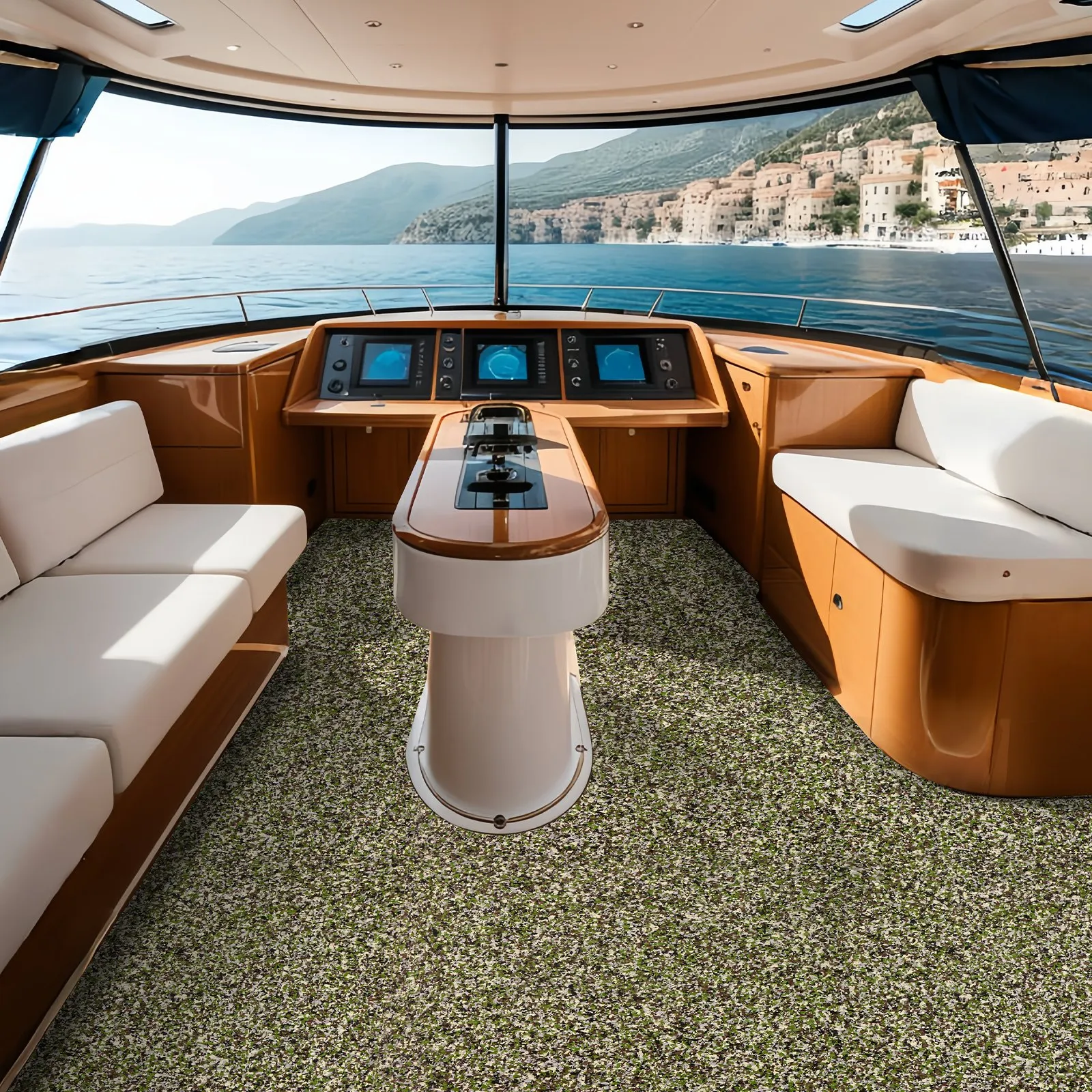 luxurious boat interior with VEVOR boat flooring, high-tech controls, comfortable seating, and scenic coastal view.