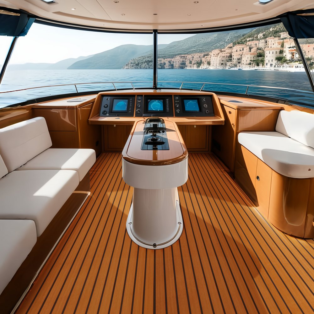 luxurious boat interior with VEVOR boat flooring, white seating, wooden tables, and panoramic ocean views.