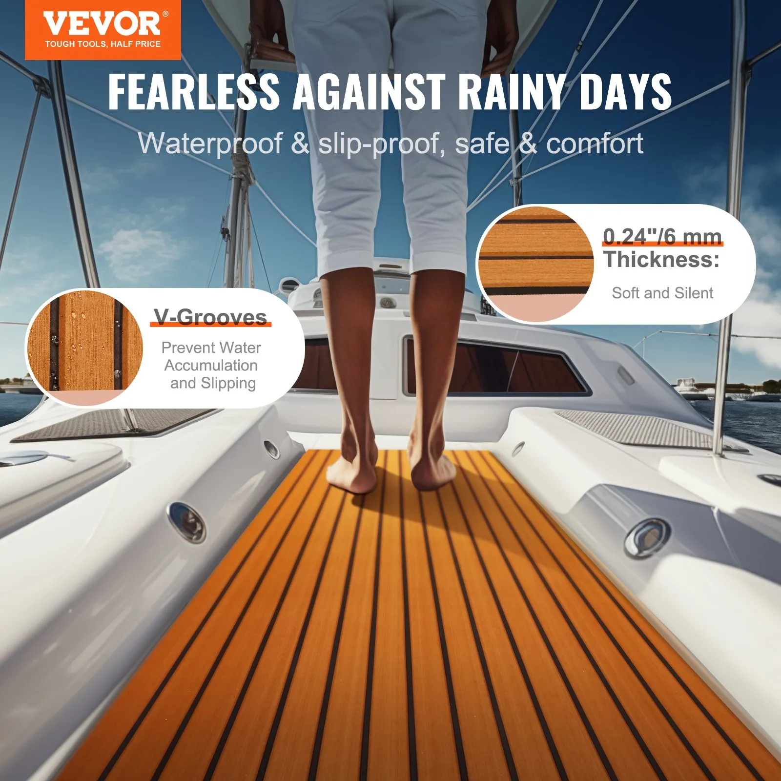 barefoot person on yacht with VEVOR boat flooring, showcasing waterproof and slip-proof v-grooves.